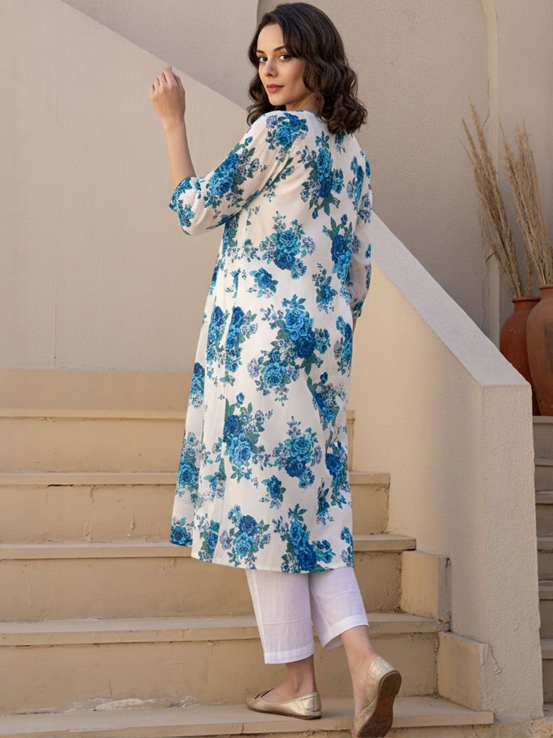 Floral Printed Pleated Round Neck Pure Cotton Straight Kurta With Trouser
