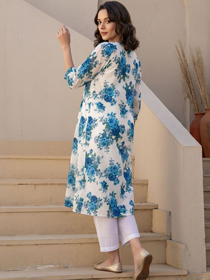 Floral Printed Pleated Round Neck Pure Cotton Straight Kurta With Trouser