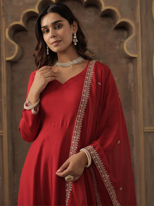 Liva Sweetheart Neck Anarkali Kurta With Trousers & Dupatta