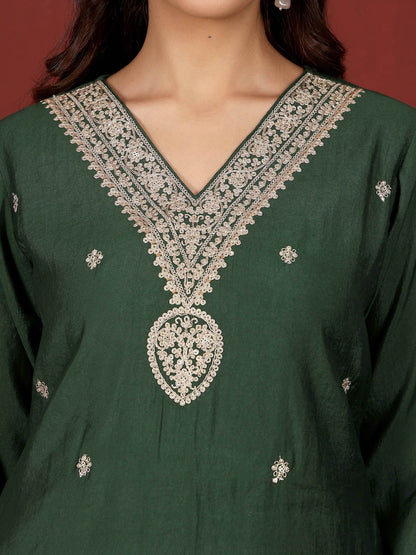 Dhiyona VA Women'sEthnic Motifs Embroidered Notch Neck Zari Straight Kurta With Trousers & Dupatta
