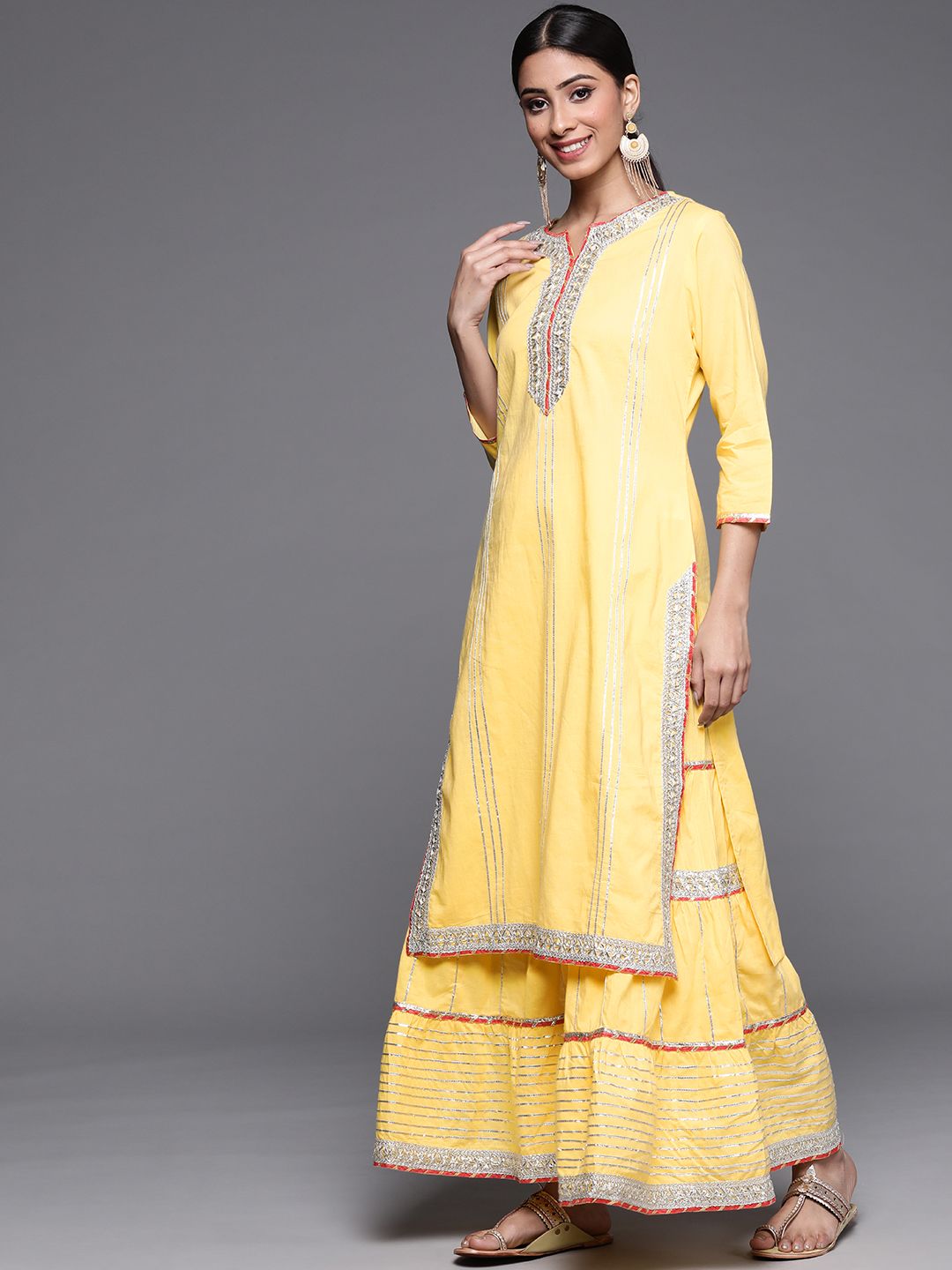 Dhiyona VA Women's Yellow Gotta Patti Pure Cotton Kurta with Sharara & With Dupatta