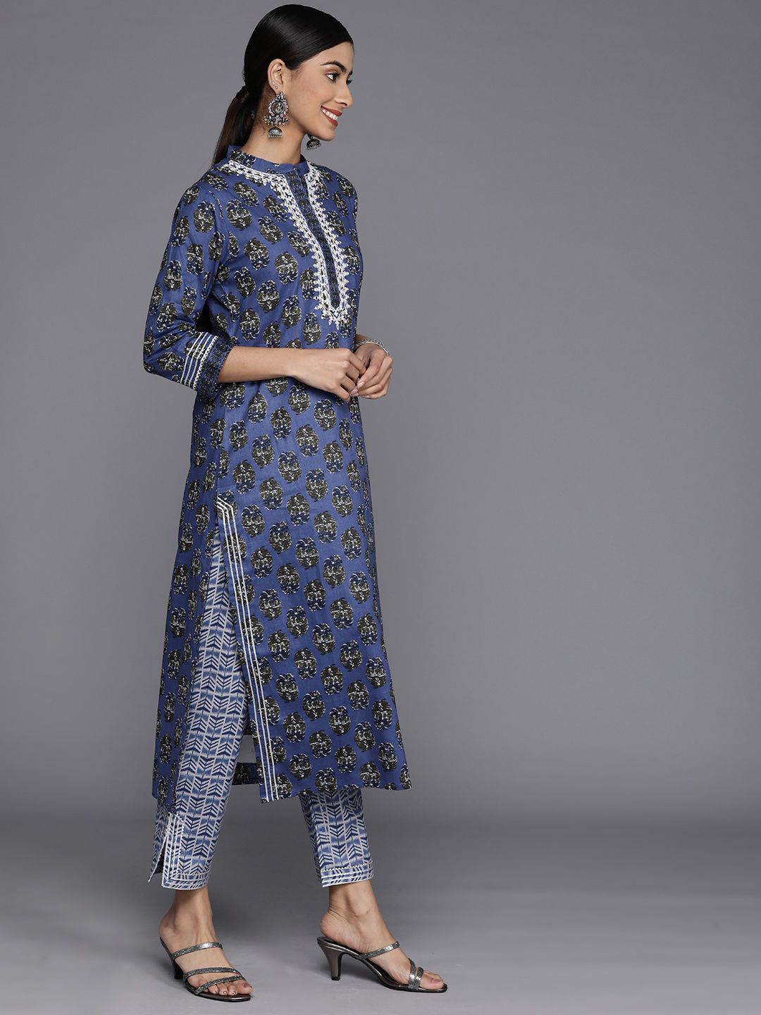 Dhiyona VA Women's Floral Printed Mirror Work Pure Cotton Kurta With Trousers & With Dupatta