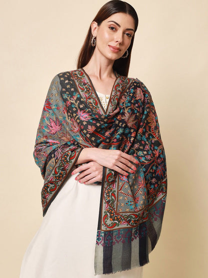 Dhiyona PA Women Grey Embroidered Pure Wool Shawl
