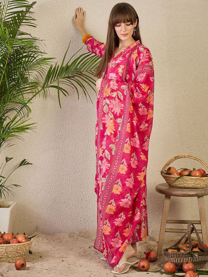 Dhiyona IE Women's Floral Printed Pleated Mirror Work Pure Cotton Kurta with Trousers & Dupatta