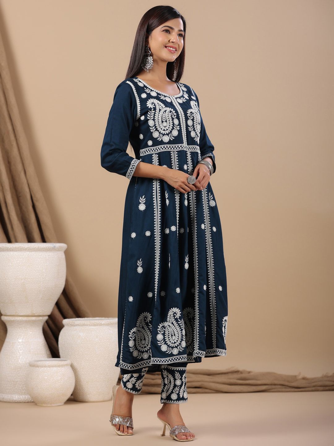Dhiyona IS Women's Ethnic Motifs Embroidered Thread Work Anarkali Kurta With Trousers