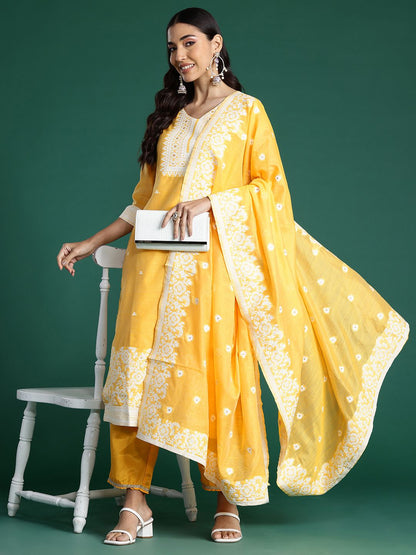 Dhiyona IE Woven Design Jacquard Chanderi Silk Kurta With Trousers & Dupatta