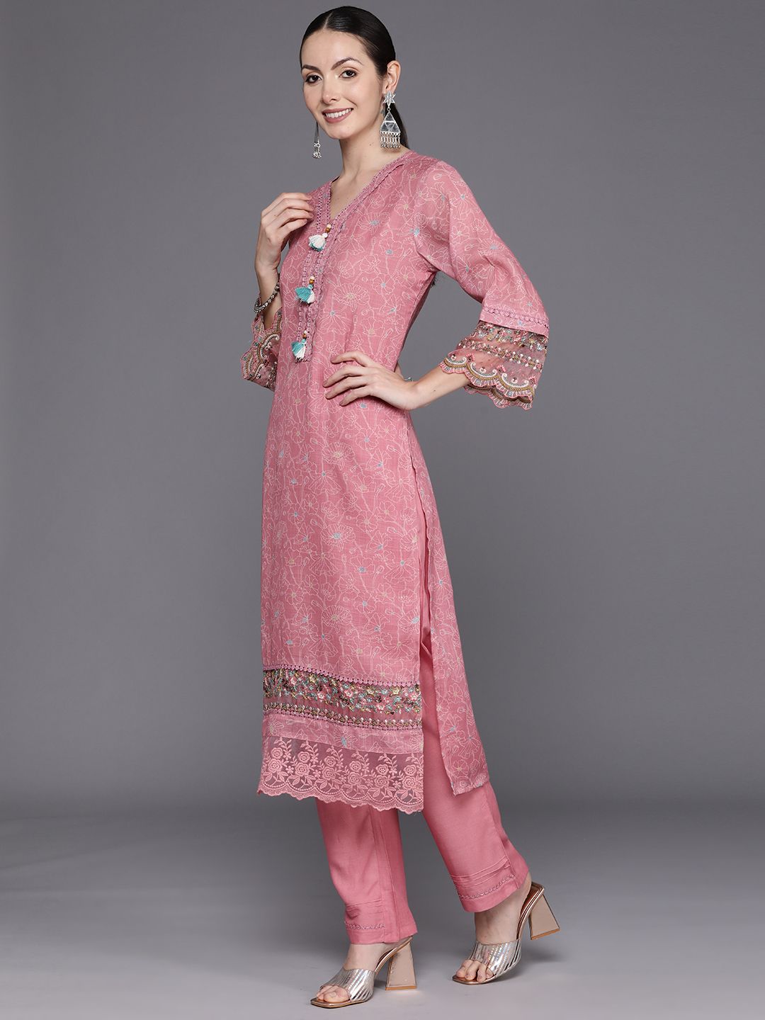 Dhiyona IE Women Floral Embroidered Regular Thread Work Linen Kurta with Trousers & Dupatta