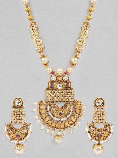 Dhiyona RJ Women's 22K Gold-Plated White, Red & Green Stone & Pearl Beaded Handcrafted Jewellery Set