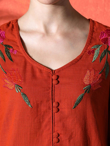 Dhiyona SN Women's Embroidered A-Line 100% Cotton Kurta & Trousers Kurta Set