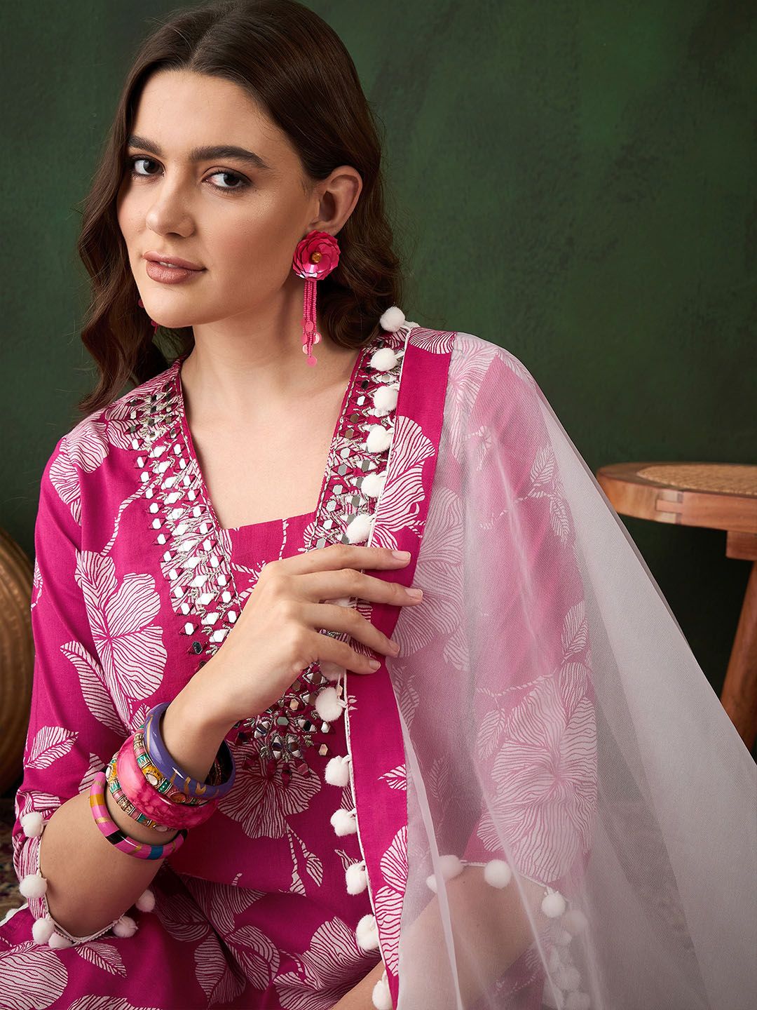 Dhiyona SN Women's Pink Floral Printed Mirror Work Straight Kurti With Dhoti Pants & Dupatta