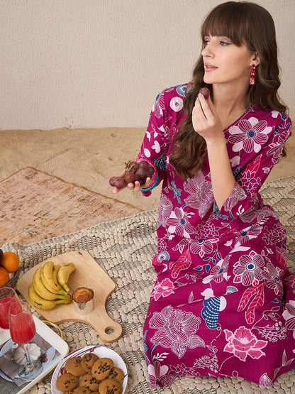 Dhiyona IE Printed V-Neck Pure Cotton A-Line Tunic With Trouser