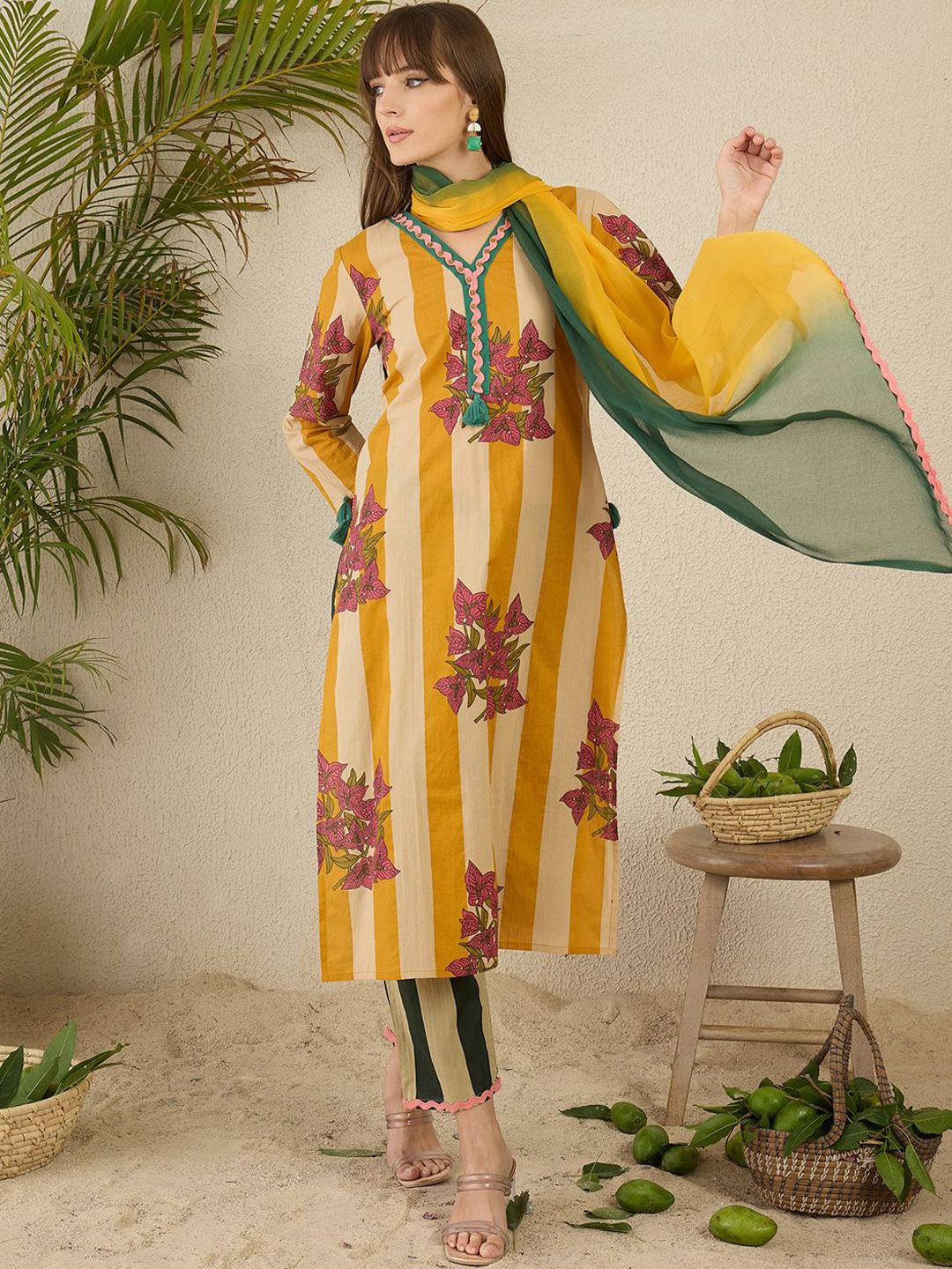 Dhiyona IE Women Tribal Striped Regular Pure Cotton Kurtas & Trousers With Dupatta