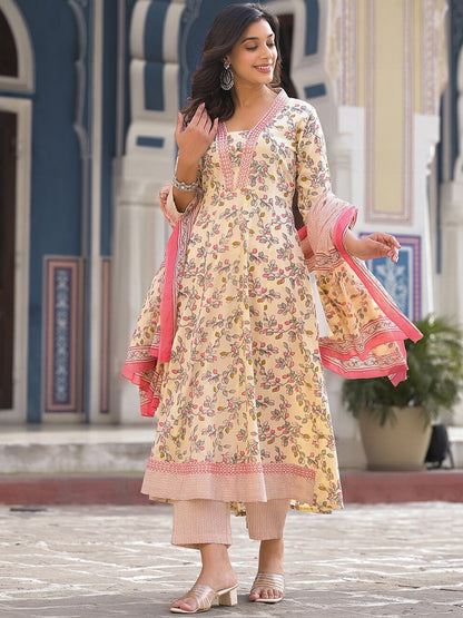 Dhiyona VA Women'sFloral Printed Pure Cotton Empire Anarkali Kurta With Trouser & Dupatta