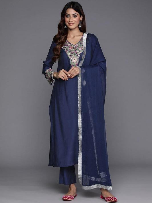 Dhiyona VA Women's Floral Embroidered Thread Work Straight Kurta & Trousers With Dupatta