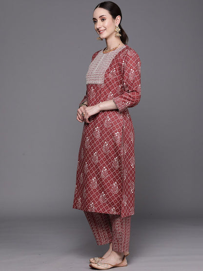 Dhiyona IE Floral Printed Round Neck Three-Quarter Sleeves Pure Cotton Kurta Set