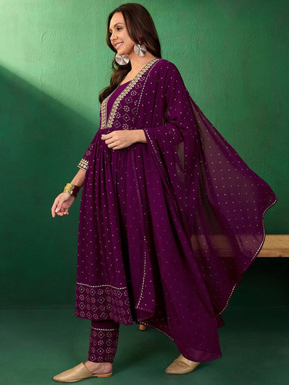 Dhiyona SN Women's Bandahni Printed Embroidered Anarkali Kurta & Trousers With Dupatta