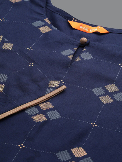 Dhiyona IE Women Navy Blue Floral Printed Thread Work Kurta