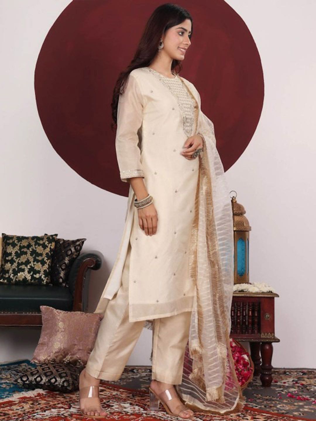 Dhiyona VA Women's Floral Woven Design Thread Work Kurta with Trousers & Dupatta