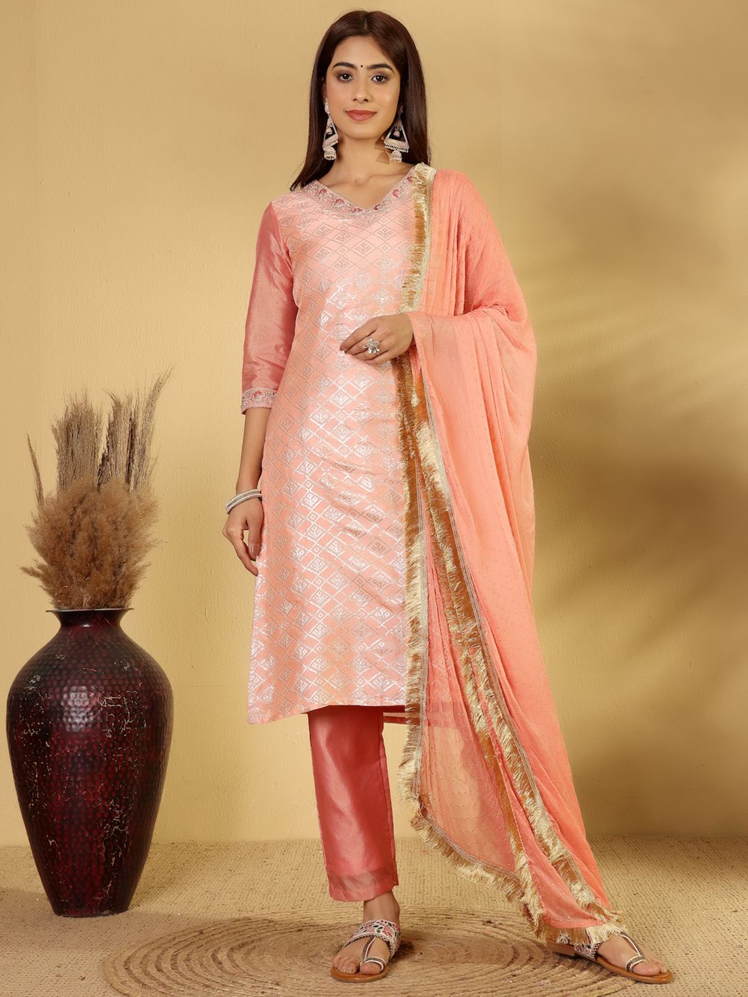 Dhiyona VA Women'sEthnic Motifs Woven Design Regular Zari Kurta With Trousers & Dupatta