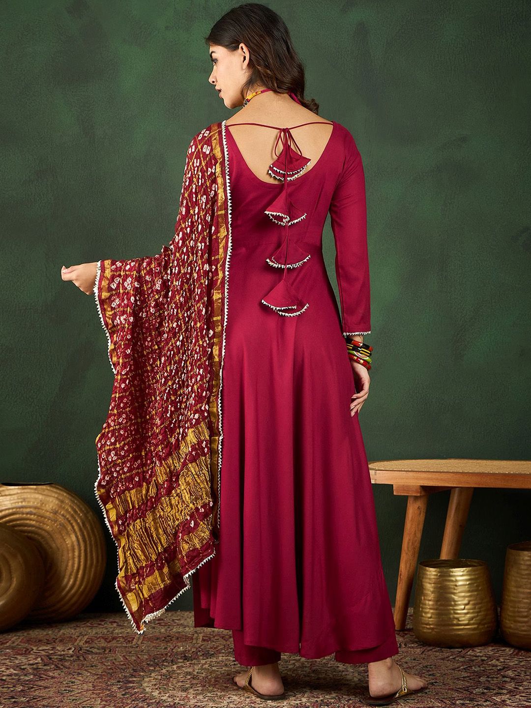 Dhiyona SN Women's Maroon Anarkali Kurta With Trousers & Bandhani Dupatta