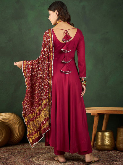 Dhiyona SN Women's Maroon Anarkali Kurta With Trousers & Bandhani Dupatta