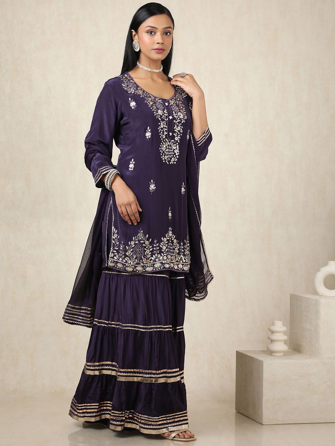 Dhiyona SO Women's Floral Embroidered Mirror Work Round Neck Straight Kurta With Sharara & Dupatta