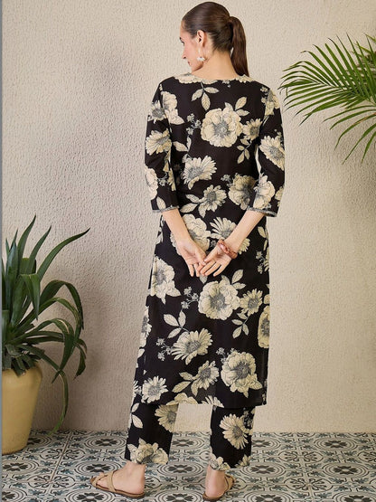 Women Floral Printed Regular Thread Work Pure Cotton Kurta with Trousers