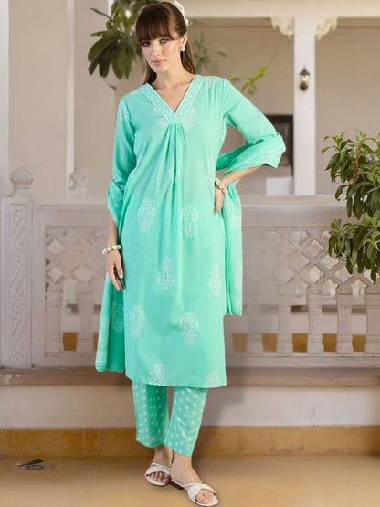 Women Ethnic Motifs Printed Regular Pure Cotton Kurta with Trousers & With Dupatta