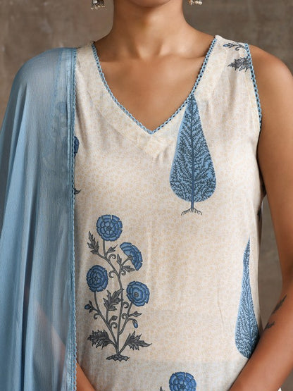 Women's Floral Printed V-Neck Pure Cotton Straight Kurta With Palazzos & Dupatta