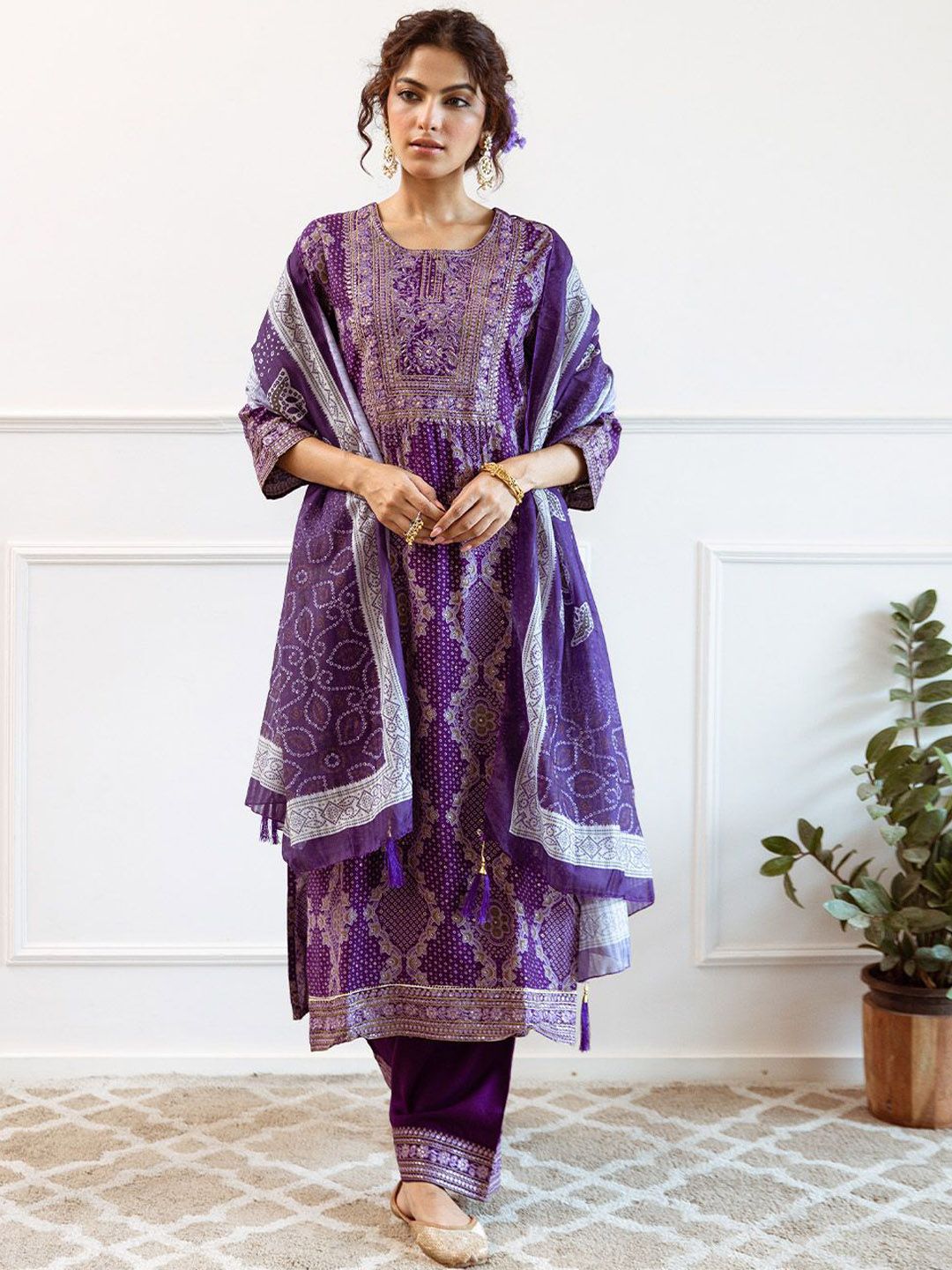 Dhiyona IS Women's Purple Bandhani Printed Round Neck Straight Kurta With Palazzos & Dupatta