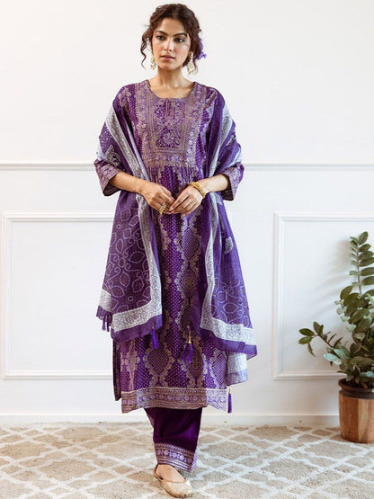 Dhiyona IS Women's Purple Bandhani Printed Round Neck Straight Kurta With Palazzos & Dupatta