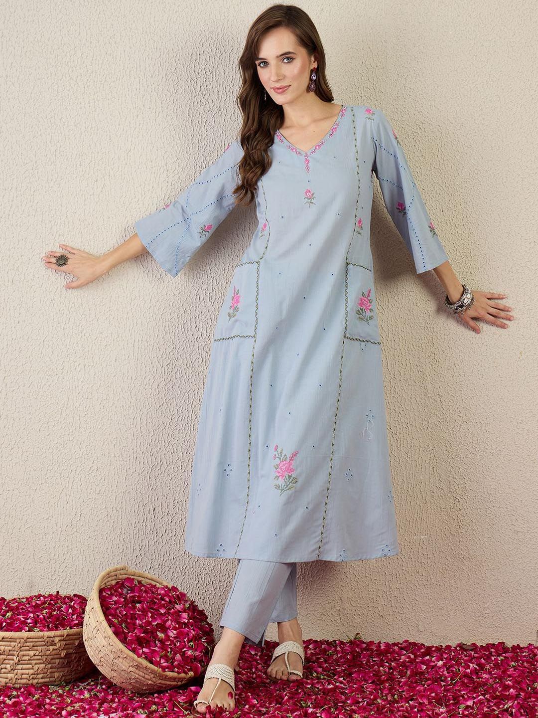 Women Floral Embroidered Cotton Kurta with Trousers