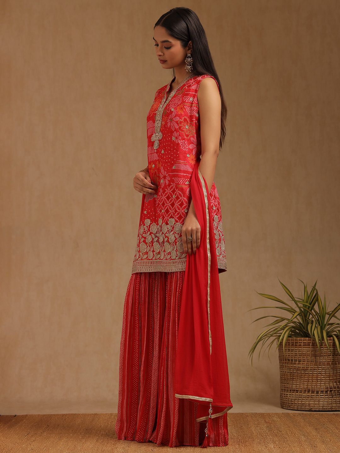 Dhiyona SO Women's Women Bandhani Printed Zardozi Sleeveless Straight Kurta with Sharara & Dupatta