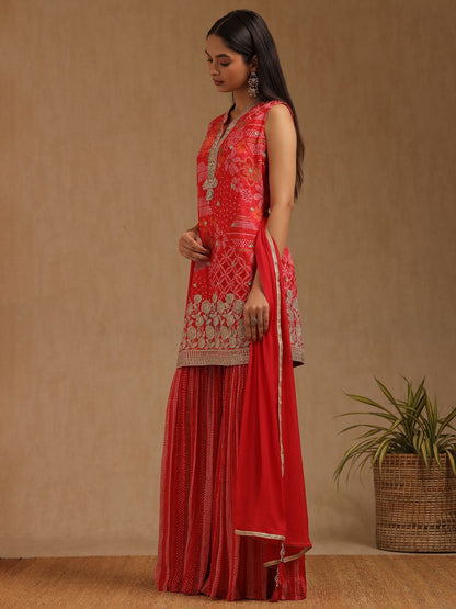 Dhiyona SO Women's Women Bandhani Printed Zardozi Sleeveless Straight Kurta with Sharara & Dupatta