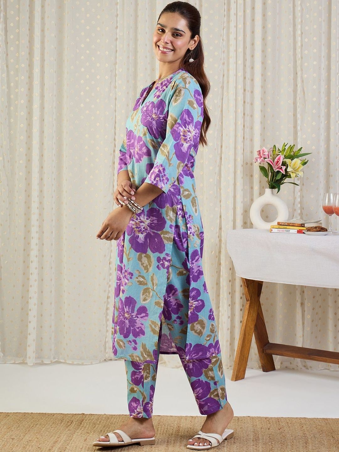 Dhiyona IE Floral Printed Pure Cotton Tunic & Trousers Co-Ord Set