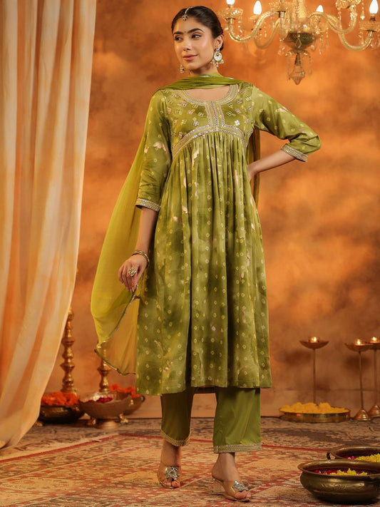 Dhiyona RR Women's Bandhani Printed Pure Cotton Anarkali Kurta with Trousers & Dupatta