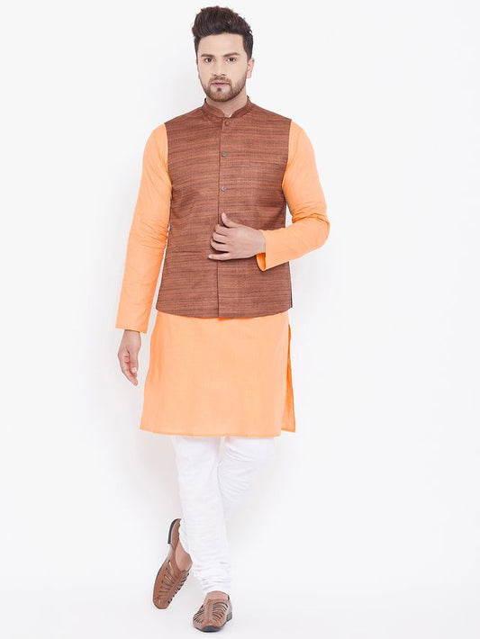 Men's Fawn Cotton Blend Straight Jacket  Kurta and Pyjama Set