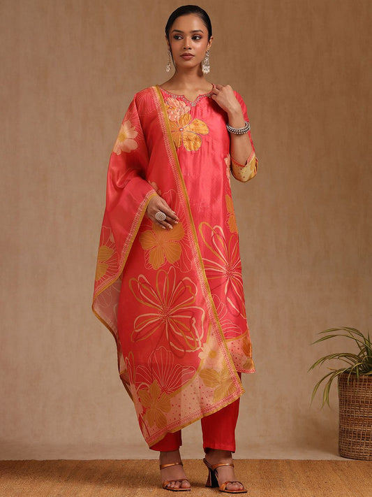 Dhiyona SO Women's Women Floral Printed Regular Mirror Work Kurta with Trousers & With Dupatta