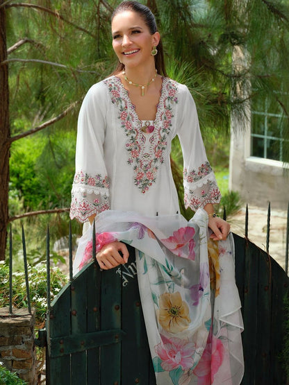 Floral Yoke Design Notch Neck Thread Work A-Line Kurta & Dupatta with Trousers