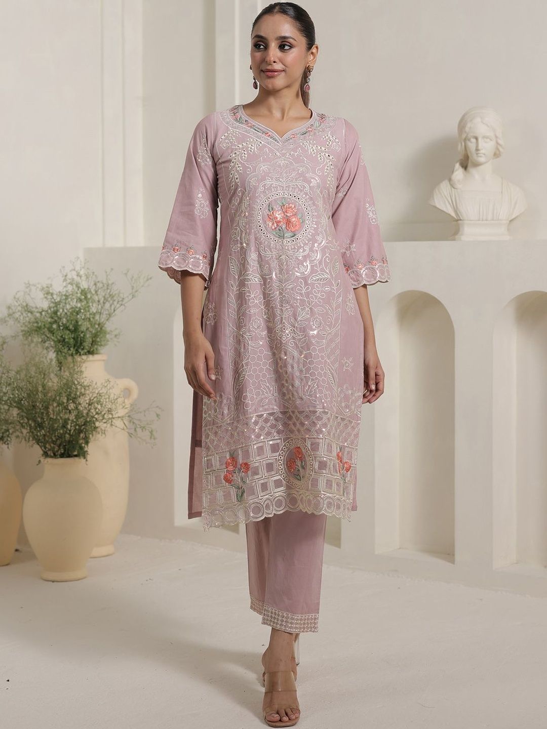 Women Floral Embroidered Cotton Kurta with Trousers & Dupatta