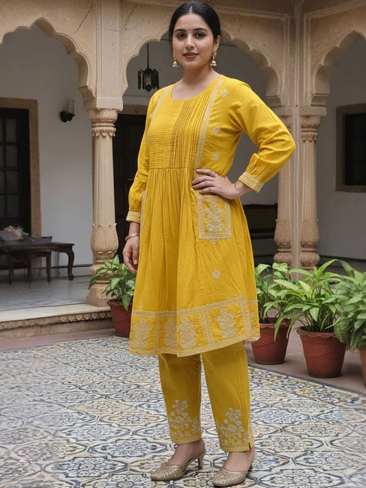 Women Ethnic Motifs Embroidered Panelled Thread Work Cotton Kurta with Trousers