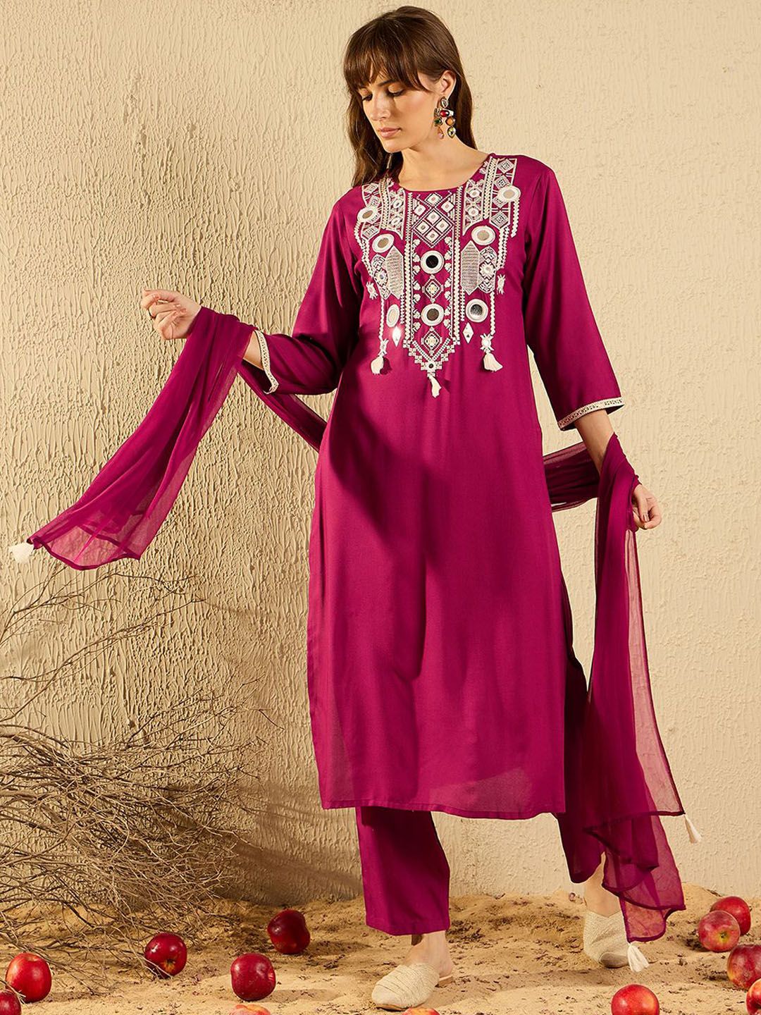 Dhiyona IE Women Ethnic Motifs Embroidered Regular Mirror Work Kurta with Trousers & With Dupatta