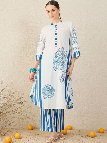 Women Floral Printed Cotton A-Line Kurta with Trousers & Dupatta