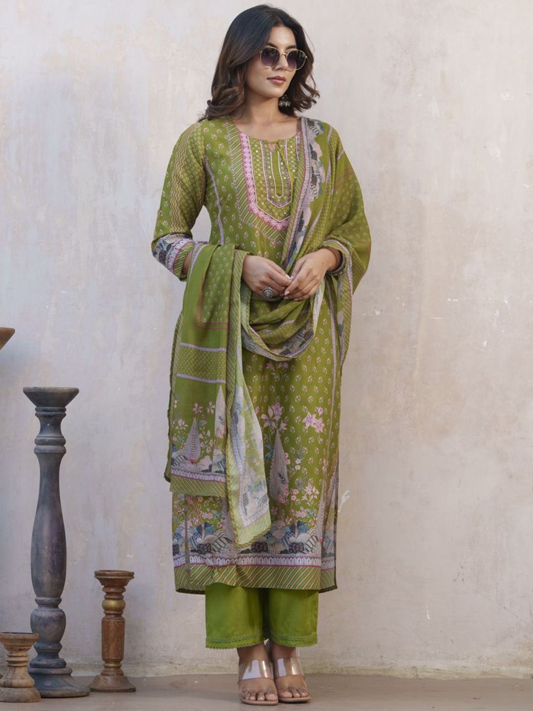 Dhiyona SN Women's Floral Printed Keyhole Neck Muslin Straight Kurta With Trouser & Dupatta