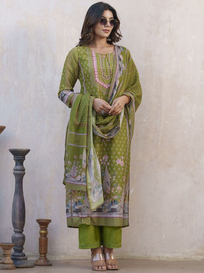Dhiyona SN Women's Floral Printed Keyhole Neck Muslin Straight Kurta With Trouser & Dupatta
