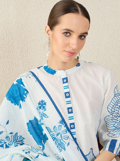 Floral Printed Pure Cotton Kurta With Trouser & Dupatta