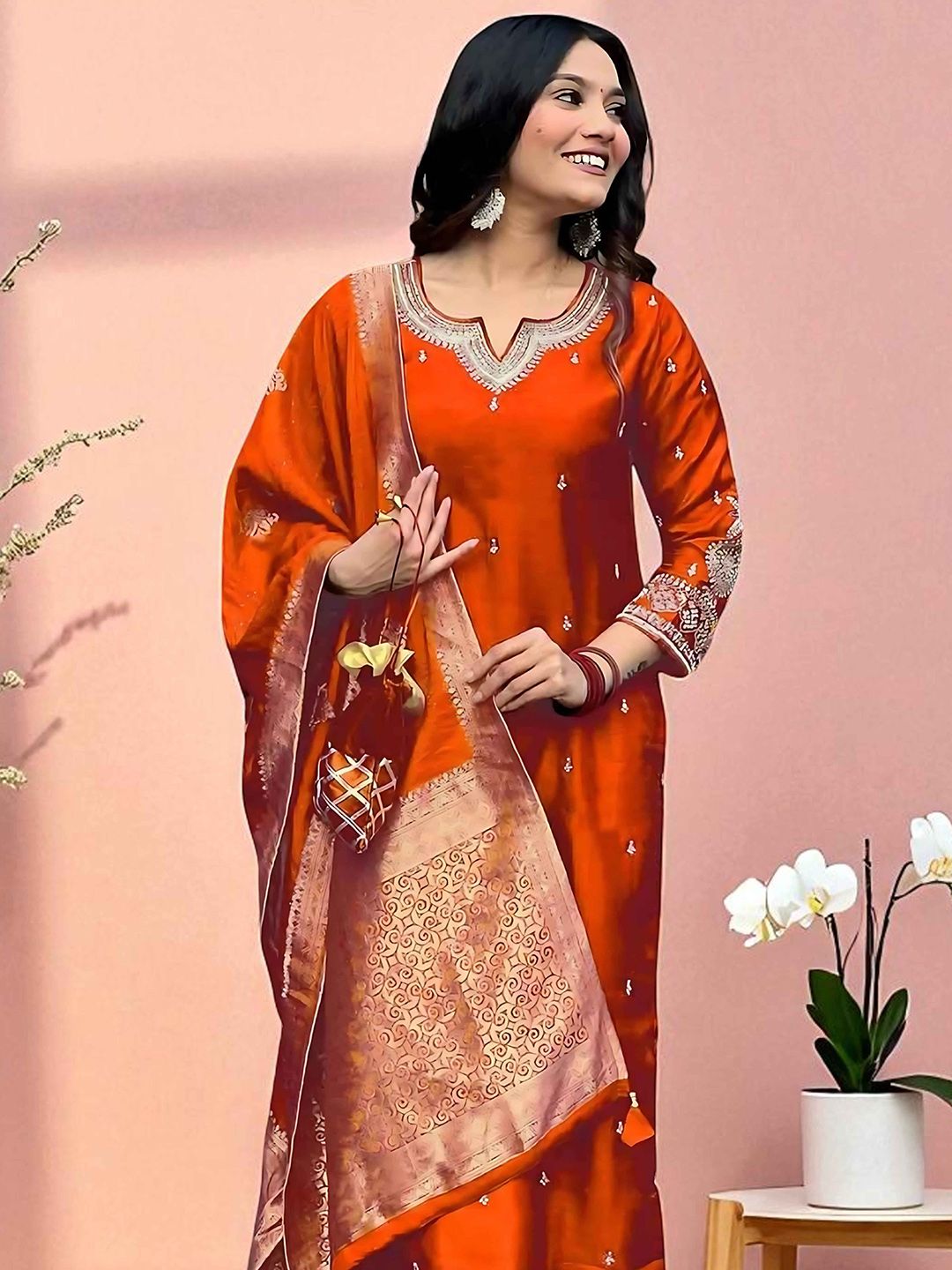 Dhiyona SN Women's Embroidered Straight Kurta Pyjama & Dupatta