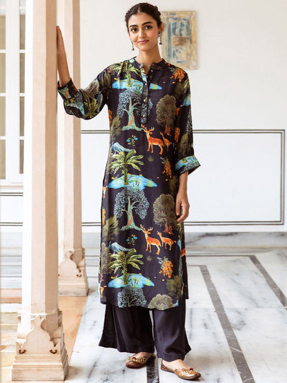 Dhiyona IS Women's Floral Printed Round Neck Three Quarter Sleeves Straight Kurta With Palazzos