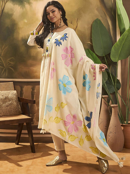 Dhiyona SN Women's Floral Embroidered Pure Cotton Straight Kurta With Trousers & Dupatta
