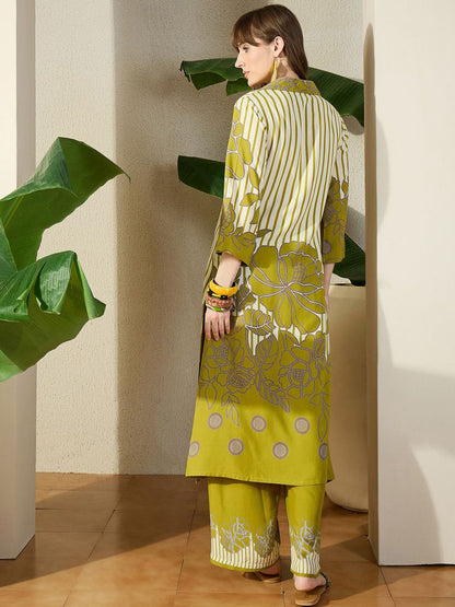 Dhiyona IE Printed Shirt Collar Top With Trouser